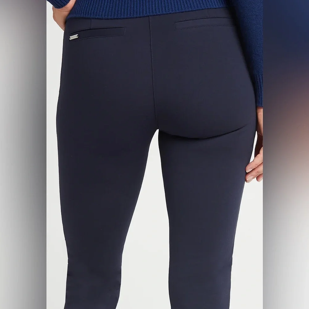 Betabrand Skinny-Leg Jett Dress Pant Yoga Pants Faux Leather Dark Blue LONG L